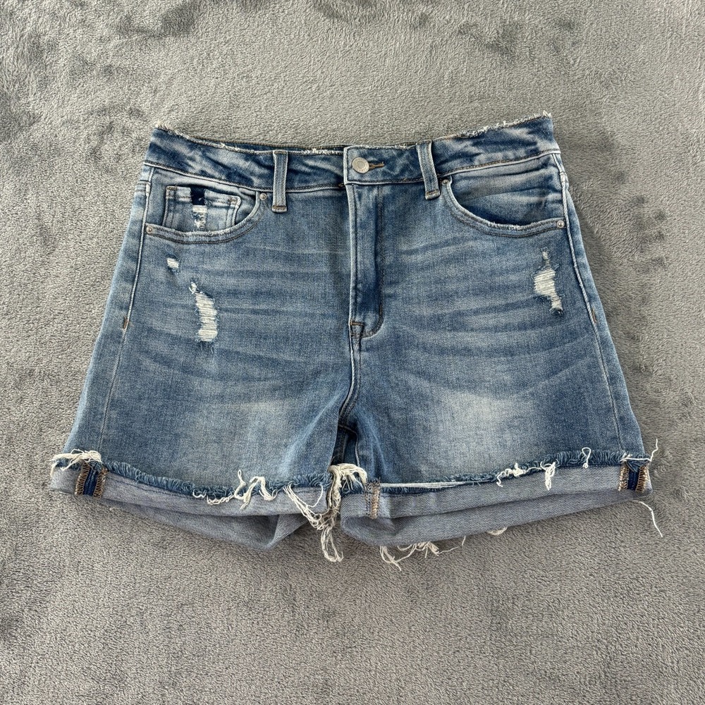 Zenana Distressed Cuffed‎ Denim Short Womens XL Stretch Medium Wash Mid Rise
